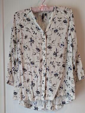 Orb.Life Women's Medium Blouse Cream Blue Brown Floral Tunic 3/4 Sleeve EUC